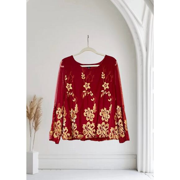 ALFANI PETITES Red Sheer Poet Sleeve Floral Blouse Size Large - Picture 1 of 5